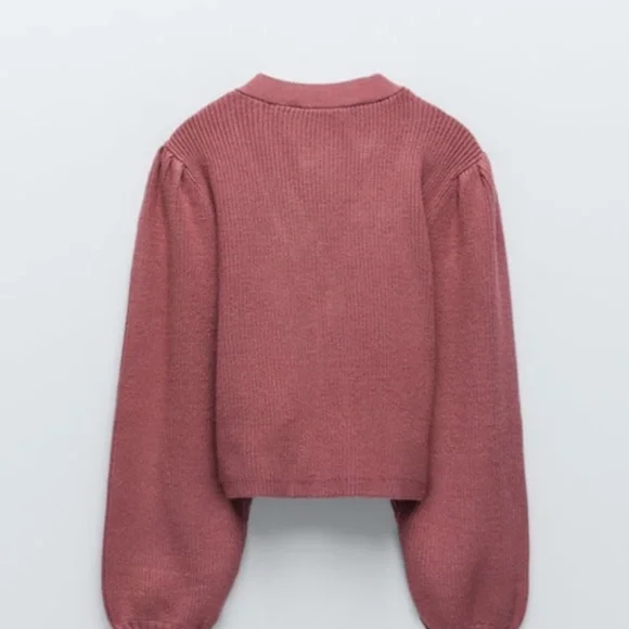 Zara Dark Rose Pink Mauve Knit Puff Shoulder Sleeves Button Up V Neck Cardigan L - Picture 6 of 7